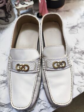 Women’s White Slip-On Leather Loafers with Gold Accent
